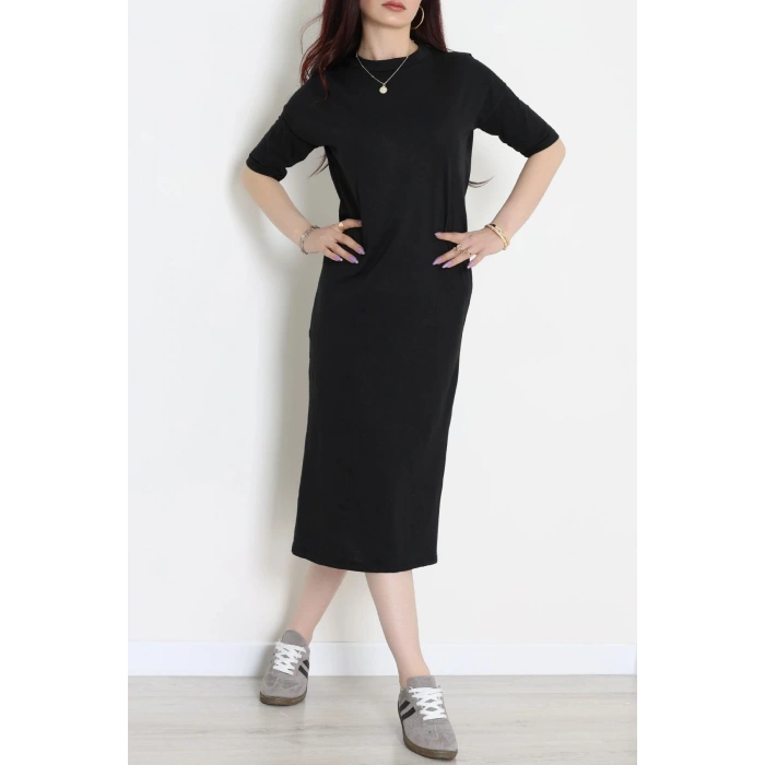 Bisiklet Yaka Midi Boy Süprem Elbise Siyah - 71550.1748.