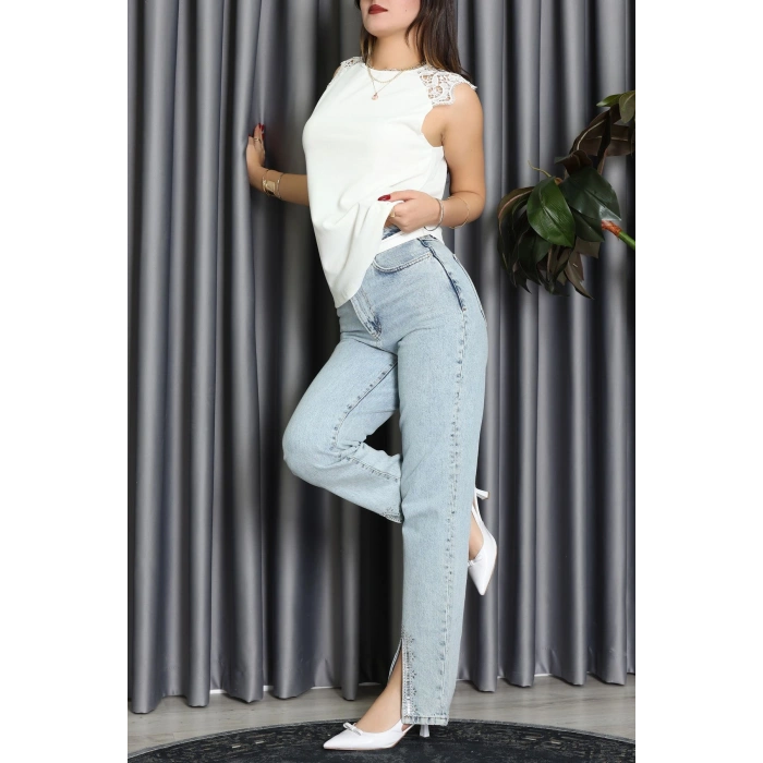 Bisiklet Yaka Omuz Dantel Detay İthal Krep Bluz Beyaz - 61642.1256.