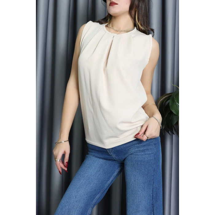 Bisiklet Yaka Önden Pileli Atlas Bluz Bej - 61501.1256.