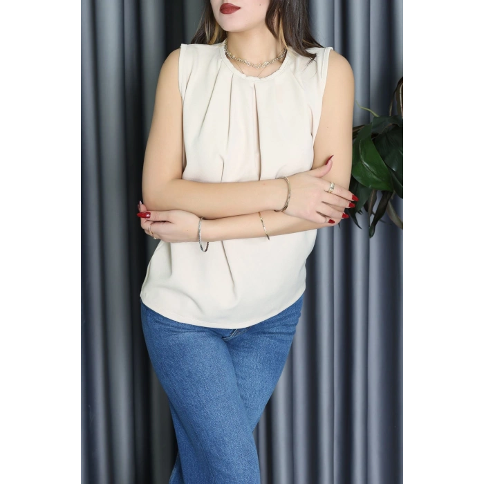 Bisiklet Yaka Önden Pileli Atlas Bluz Bej - 61501.1256.