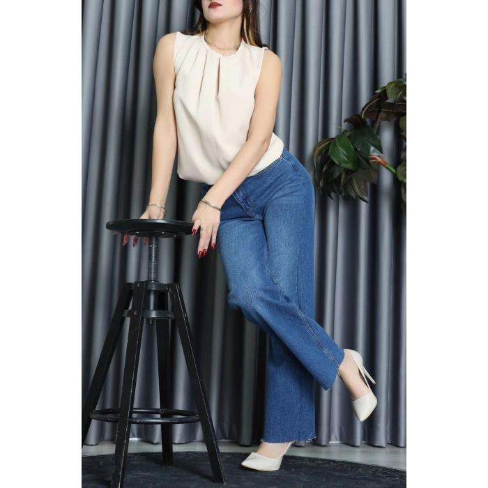 Bisiklet Yaka Önden Pileli Atlas Bluz Bej - 61501.1256.