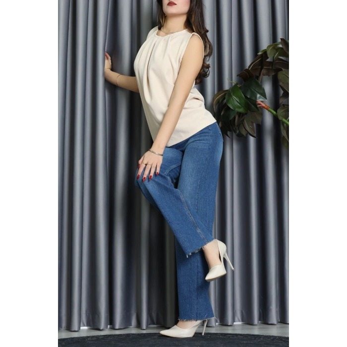 Bisiklet Yaka Önden Pileli Atlas Bluz Bej - 61501.1256.