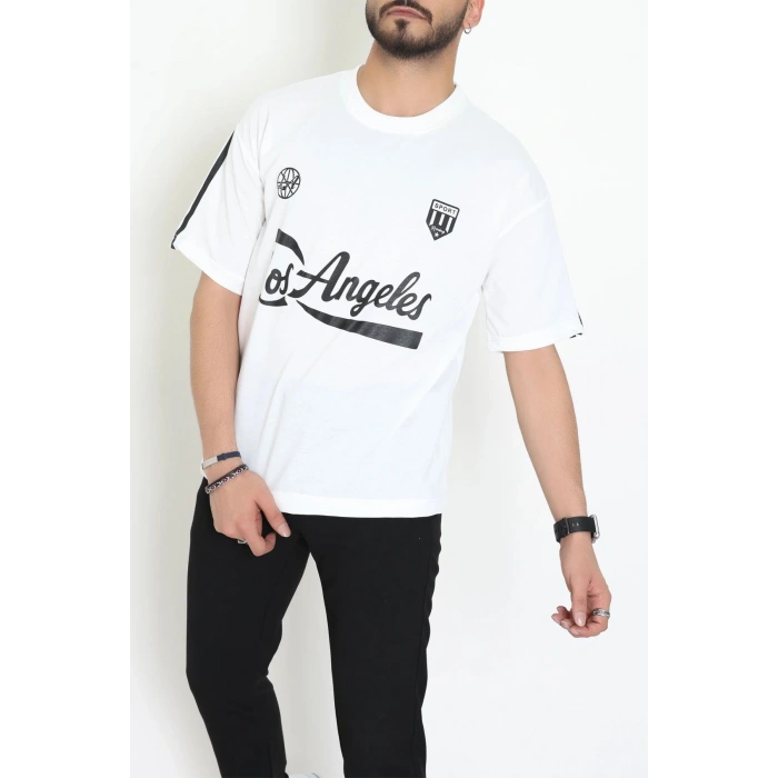 Bisiklet Yaka Oversize 2 İplik Forma Tişört Beyaz - 88102.1878.