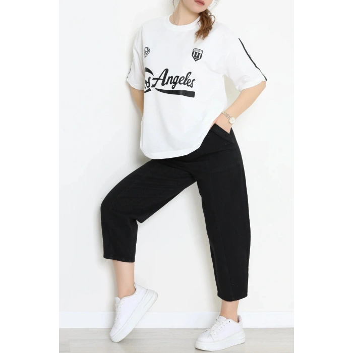 Bisiklet Yaka Oversize 2 İplik Forma Tişört Beyaz - 88102.1878.