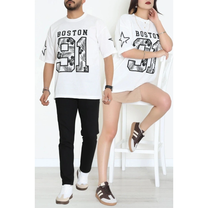 Bisiklet Yaka Oversize 2 İplik Forma Tişört Beyaz - 88104.1878.