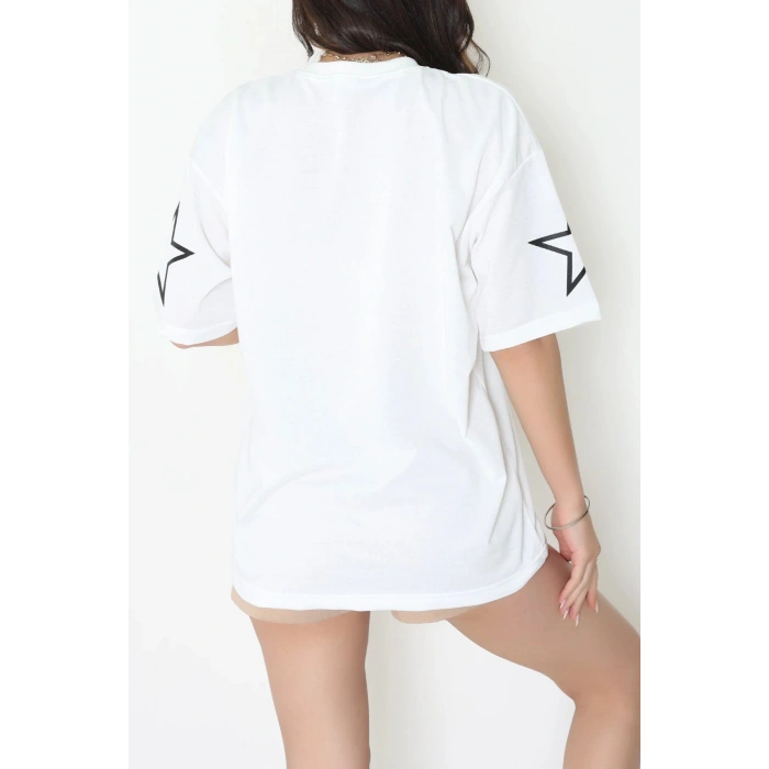 Bisiklet Yaka Oversize 2 İplik Forma Tişört Beyaz - 88104.1878.