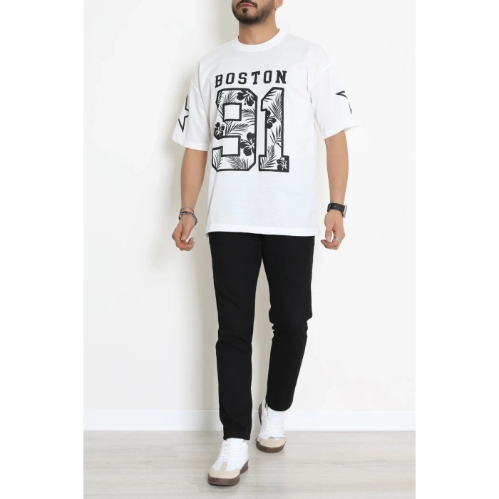 Bisiklet Yaka Oversize 2 İplik Forma Tişört Beyaz - 88104.1878.