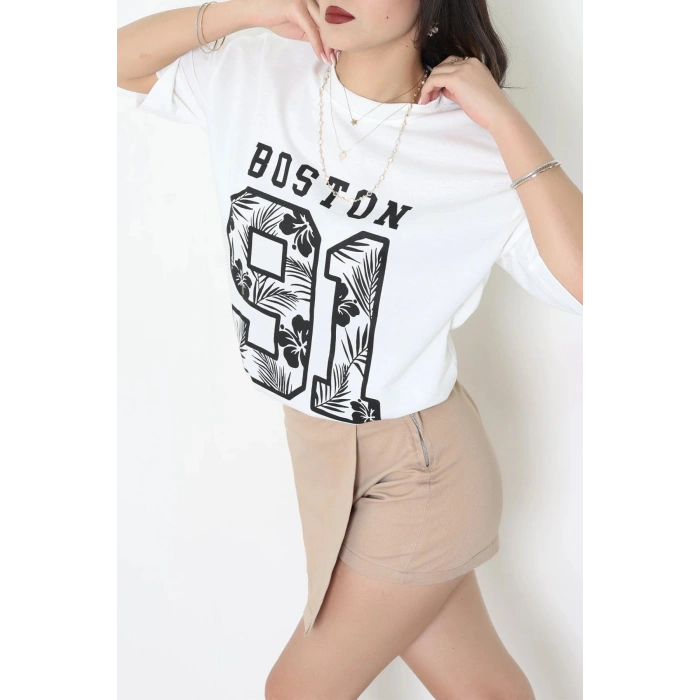 Bisiklet Yaka Oversize 2 İplik Forma Tişört Beyaz - 88104.1878.