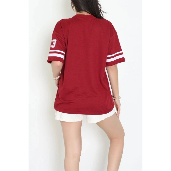 Bisiklet Yaka Oversize 2 İplik Forma Tişört Bordo - 88100.1878.