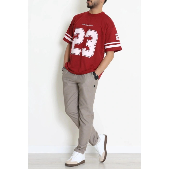 Bisiklet Yaka Oversize 2 İplik Forma Tişört Bordo - 88100.1878.
