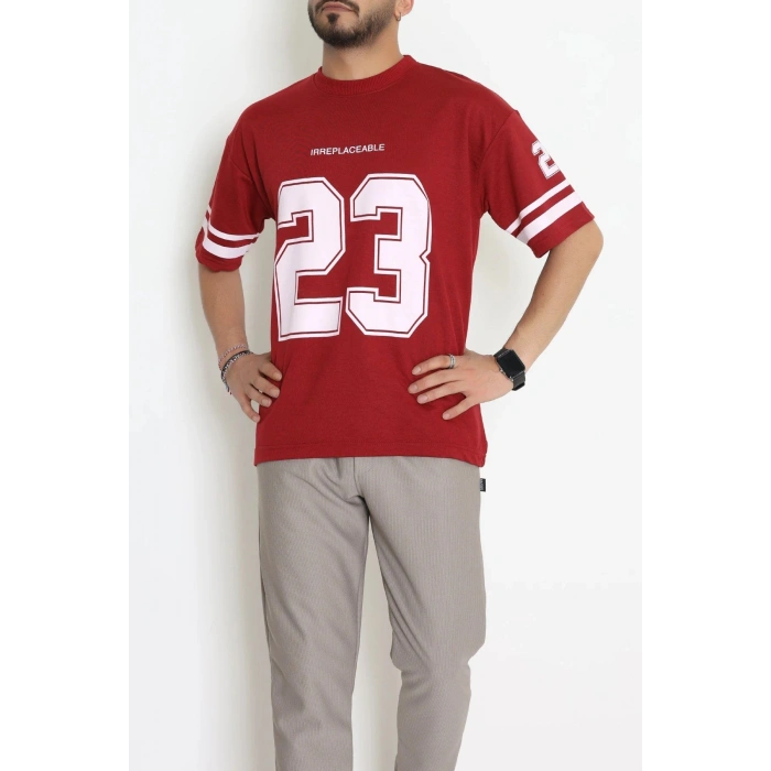 Bisiklet Yaka Oversize 2 İplik Forma Tişört Bordo - 88100.1878.