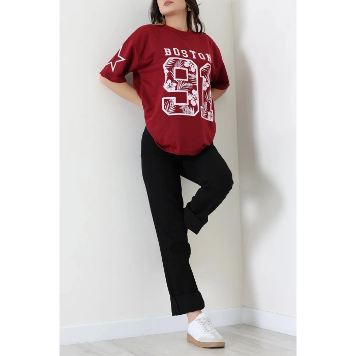 Bisiklet Yaka Oversize 2 İplik Forma Tişört Bordo - 88104.1878.