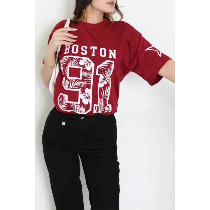 Bisiklet Yaka Oversize 2 İplik Forma Tişört Bordo - 88104.1878.