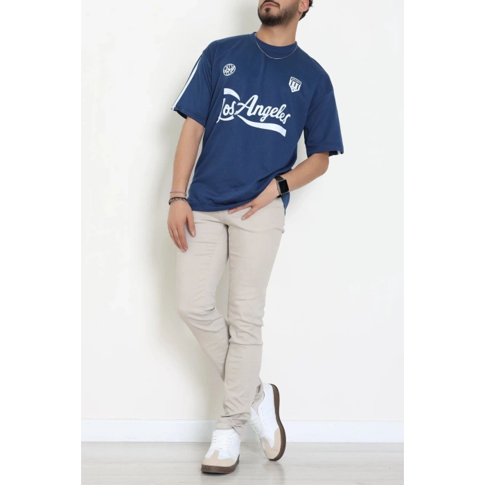 Bisiklet Yaka Oversize 2 İplik Forma Tişört İndigo - 88102.1878.