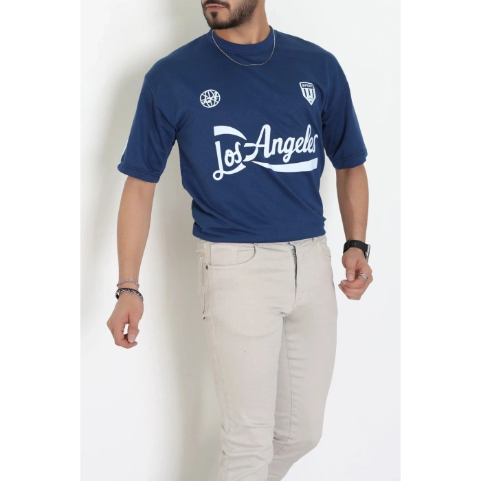 Bisiklet Yaka Oversize 2 İplik Forma Tişört İndigo - 88102.1878.
