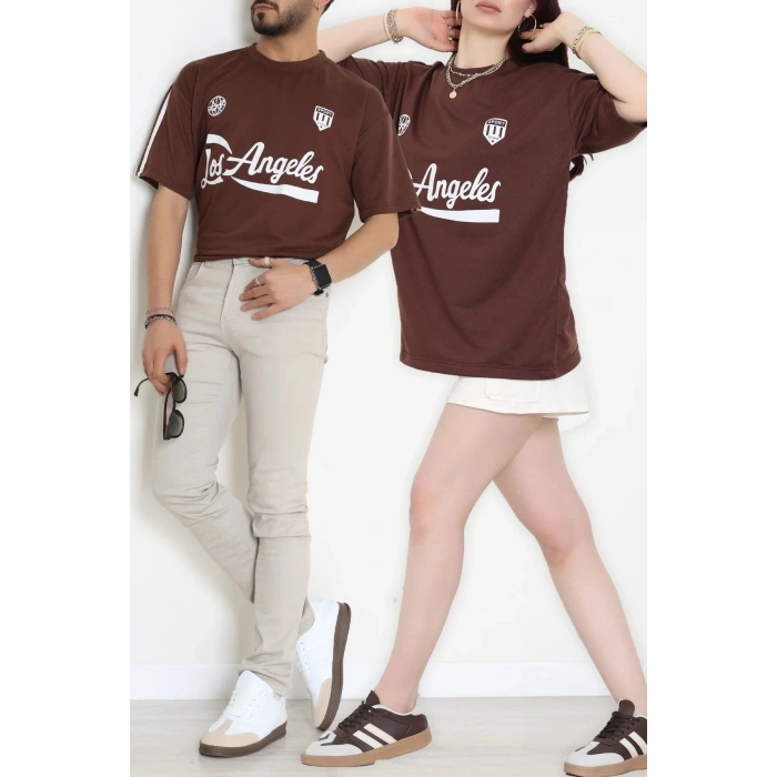 Bisiklet Yaka Oversize 2 İplik Forma Tişört Kahve - 88102.1878.