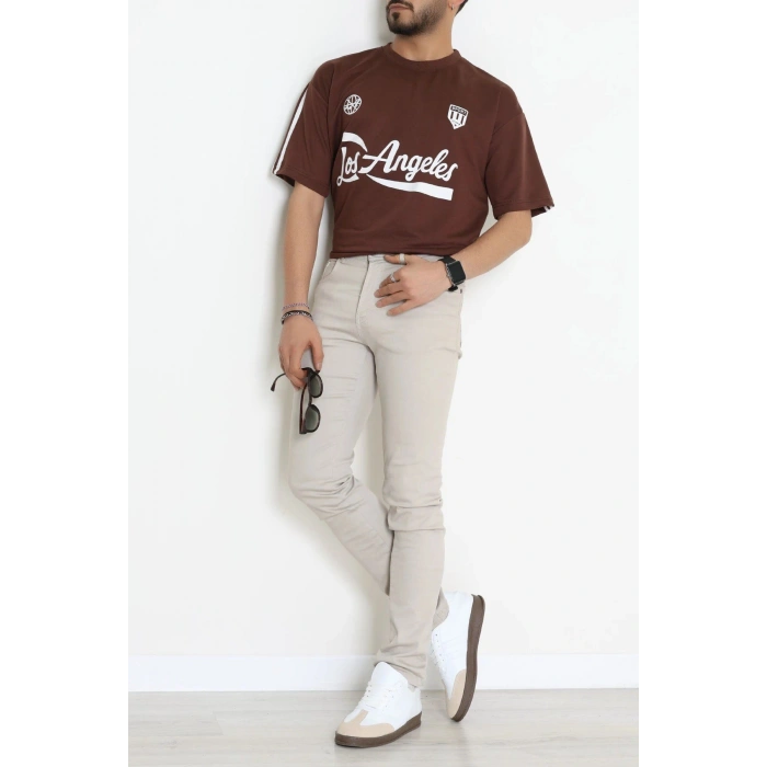 Bisiklet Yaka Oversize 2 İplik Forma Tişört Kahve - 88102.1878.