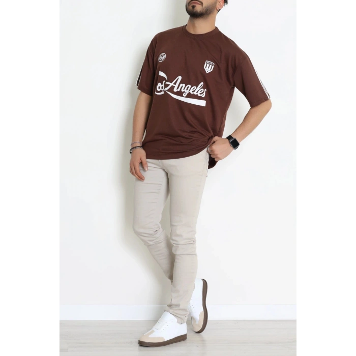 Bisiklet Yaka Oversize 2 İplik Forma Tişört Kahve - 88102.1878.
