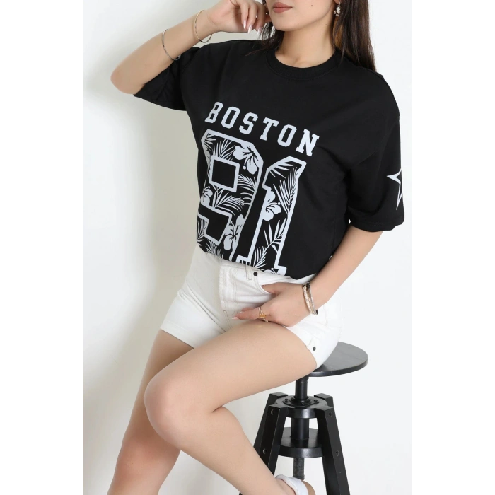 Bisiklet Yaka Oversize 2 İplik Forma Tişört Siyah - 88104.1878.