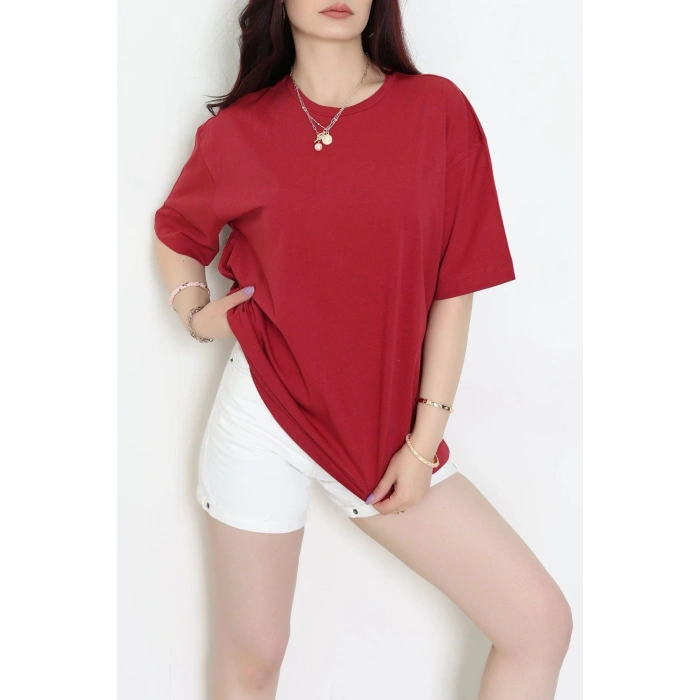 Bisiklet Yaka Oversize Tişört Bordo - 020.1238.