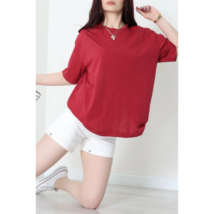 Bisiklet Yaka Oversize Tişört Bordo - 020.1238.