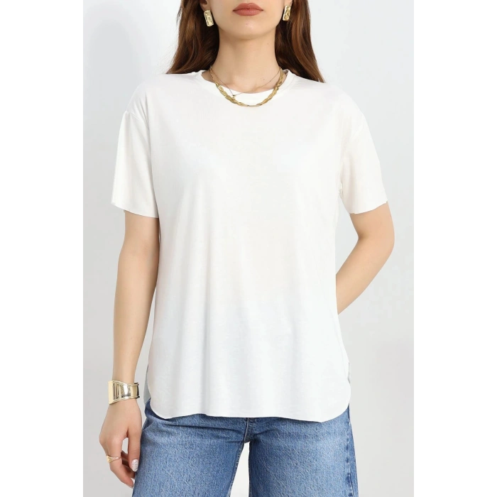 Bisiklet Yaka Oversize Tişört Ekru - 41808.1019.