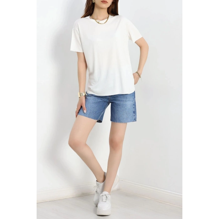 Bisiklet Yaka Oversize Tişört Ekru - 41808.1019.