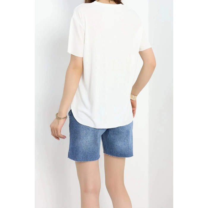 Bisiklet Yaka Oversize Tişört Ekru - 41808.1019.