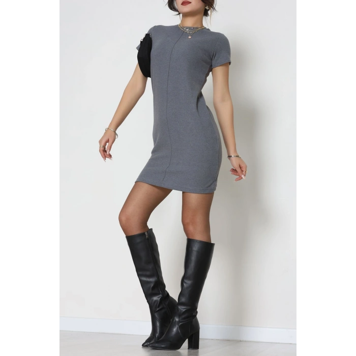 Bisiklet Yaka Selanik Kumaş Elbise Füme - 70823.1567.