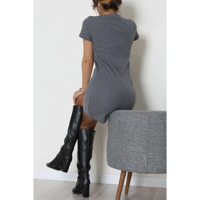 Bisiklet Yaka Selanik Kumaş Elbise Füme - 70823.1567.