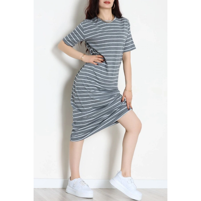 Bisiklet Yaka Süprem Penye Elbise Antrasitbeyaz - 70824.1567.