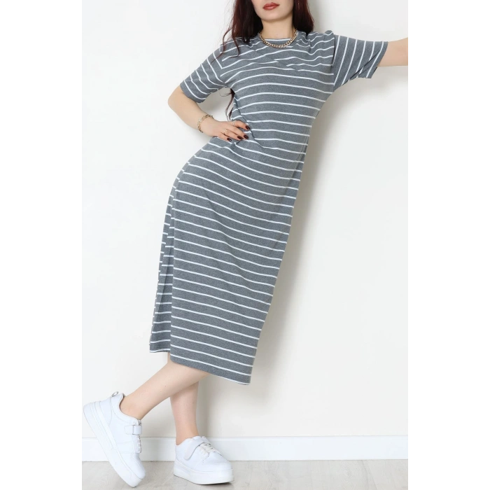 Bisiklet Yaka Süprem Penye Elbise Antrasitbeyaz - 70824.1567.