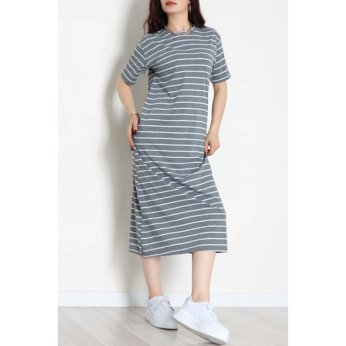 Bisiklet Yaka Süprem Penye Elbise Antrasitbeyaz - 70824.1567.