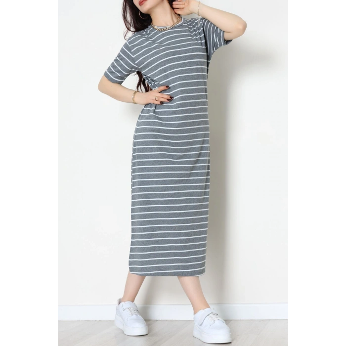 Bisiklet Yaka Süprem Penye Elbise Antrasitbeyaz - 70824.1567.