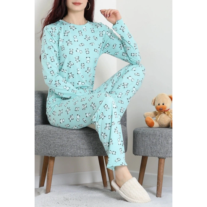 Bisiklet Yaka Uzun Kol Pijama Takımı Yeşilpanda - 780.1287.