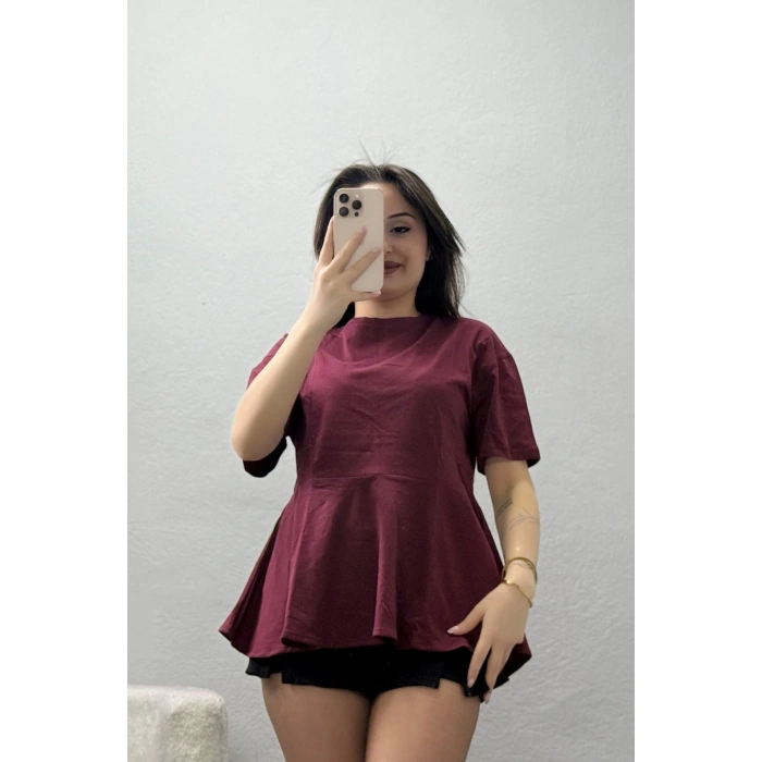 Bisiklet Yaka Volanlı Pamuk Penye Bluz Bordo - 22173.200.