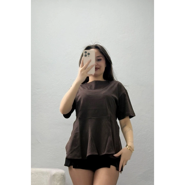 Bisiklet Yaka Volanlı Pamuk Penye Bluz Kahve - 22173.200.