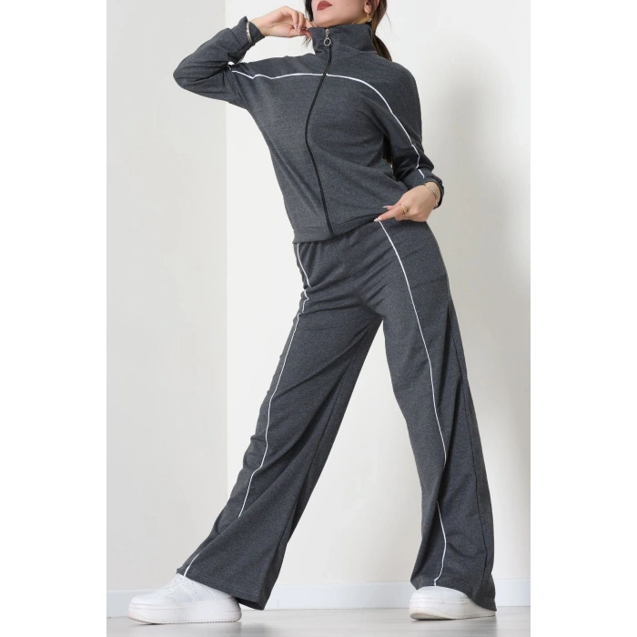 Biyeli Dik Yaka 2 İplik Eşofman Takımı Füme - 40030.1857.