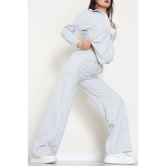 Biyeli Dik Yaka 2 İplik Eşofman Takımı Gri - 40030.1857.