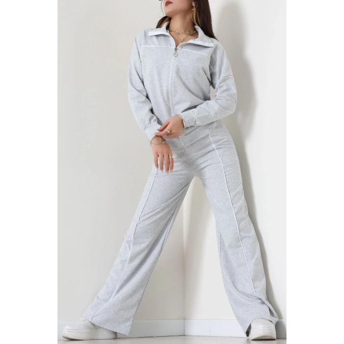 Biyeli Dik Yaka 2 İplik Eşofman Takımı Gri - 40030.1857.