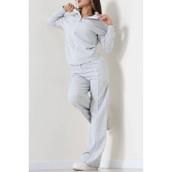 Biyeli Dik Yaka 2 İplik Eşofman Takımı Gri - 40030.1857.