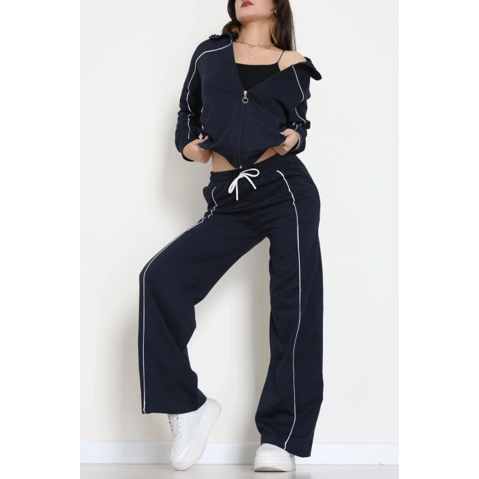 Biyeli Dik Yaka 2 İplik Eşofman Takımı Lacivert - 40030.1857.