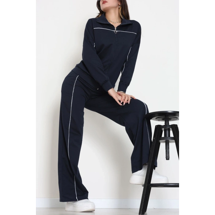 Biyeli Dik Yaka 2 İplik Eşofman Takımı Lacivert - 40030.1857.