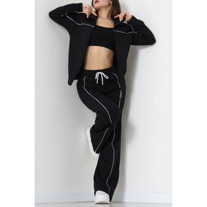 Biyeli Dik Yaka 2 İplik Eşofman Takımı Siyah - 40030.1857.