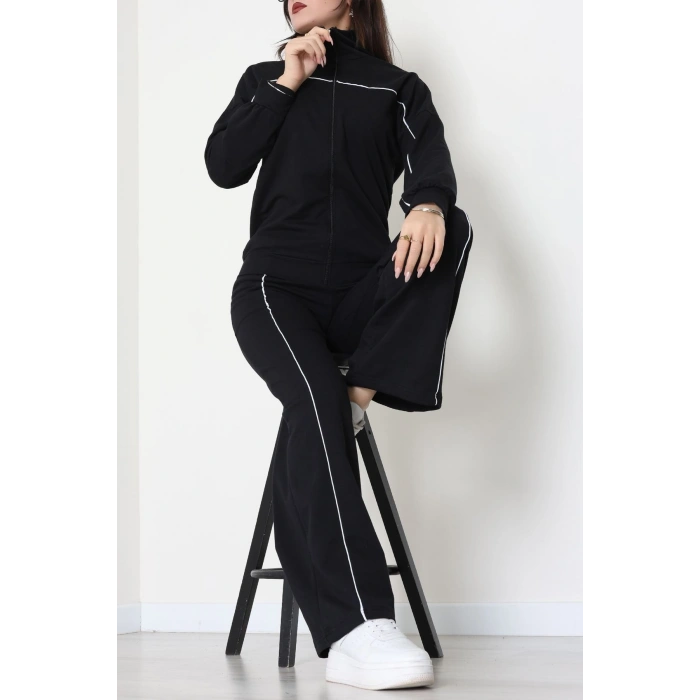 Biyeli Dik Yaka 2 İplik Eşofman Takımı Siyah - 40030.1857.