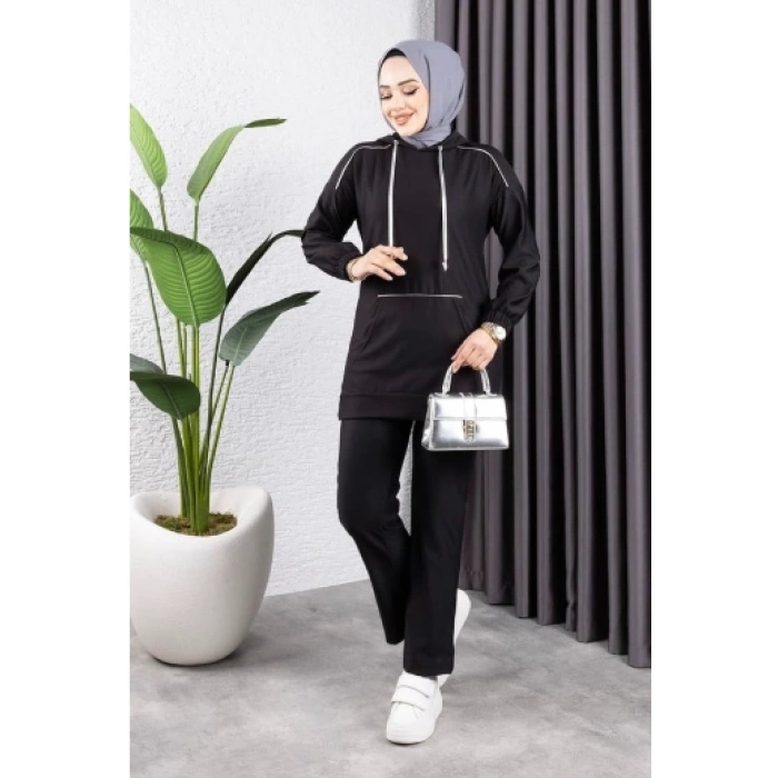 Biyeli Kapşonlu Spor Takım SİYAH