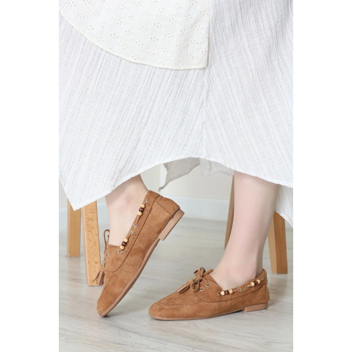 Boncuk Detaylı Püsküllü Loafer Babet Taba - 196.1846.