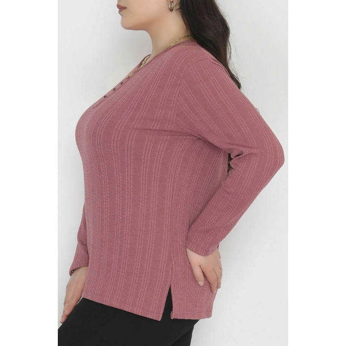 Burgu Kumaş Bisiklet Yaka Büyük Beden Bluz Gülkurusu - 70756.1954.