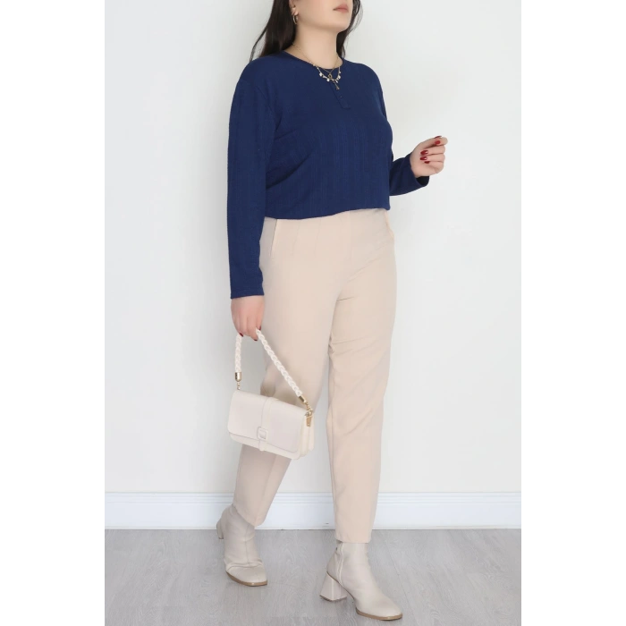 Burgu Kumaş Bisiklet Yaka Büyük Beden Bluz Lacivert - 70756.1954.