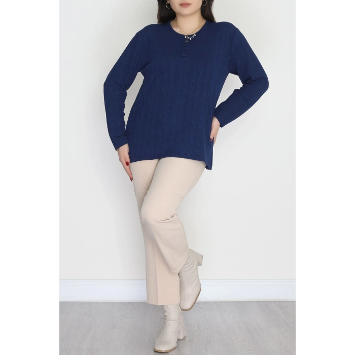 Burgu Kumaş Bisiklet Yaka Büyük Beden Bluz Lacivert - 70756.1954.